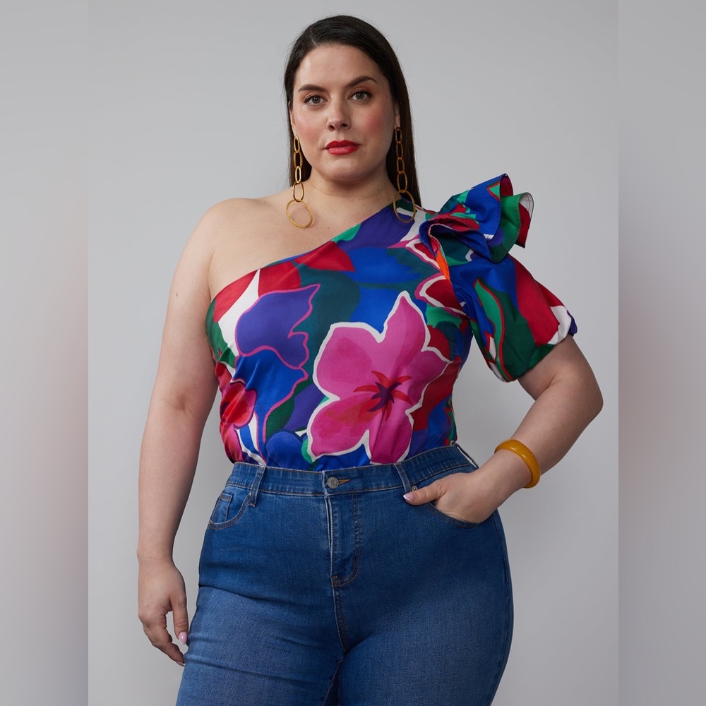 🔵🟣Plus One-Shoulder Ruffle Floral Top 🟣🔵NWT size: XXL NEW YORK & COMPANY